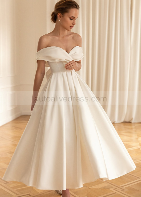 Ivory Satin Midi Length Pretty Wedding Dress Ivory Satin Midi Length Pretty Wedding Dress
